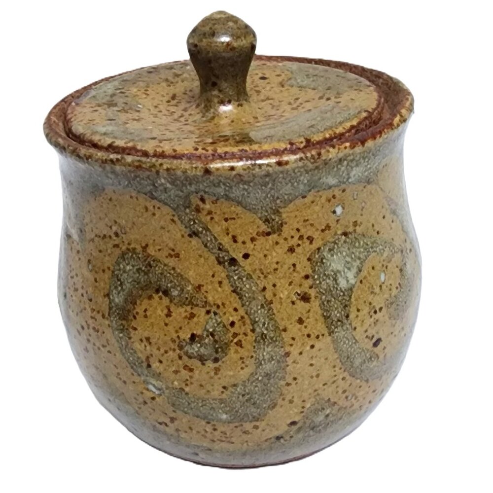 Antique Vintage Studio Pottery SIGNED Jar w/Lid Signed TC Small Sand Brown &Moss